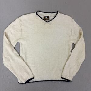 Vintage LA Express Acrylic Sweater White V-Neck Blue Trim USA Large